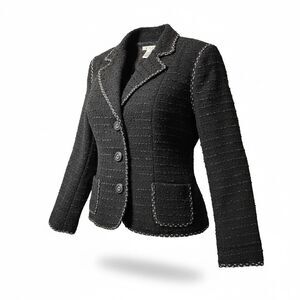 Cabi Black Tweed/White Piping Blazer Jacket Women's Size 12 Textured Versatile
